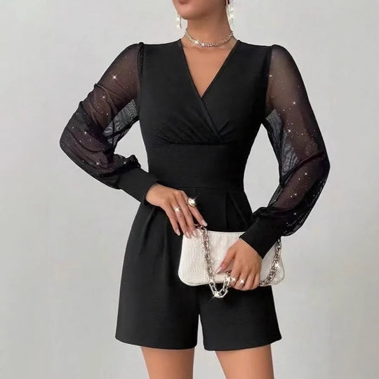 Damen eleganter Jumpsuit mit transparenten Puffärmeln und V-Ausschnitt R&B