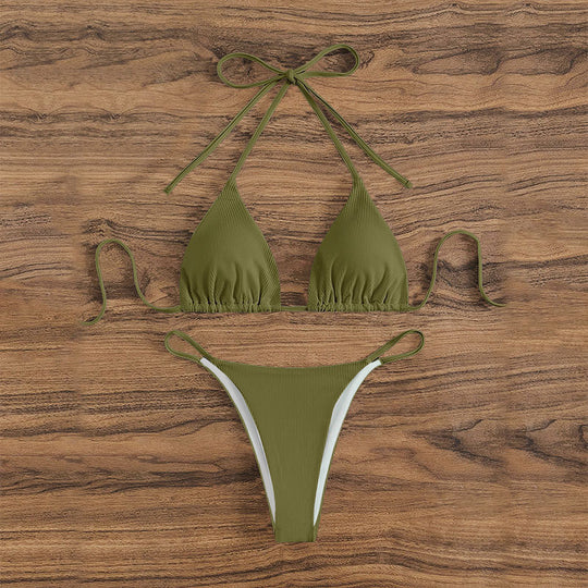 Damen Triangel-Bikini mit feinem Rippstruktur und verspielten Bindebändern R&B