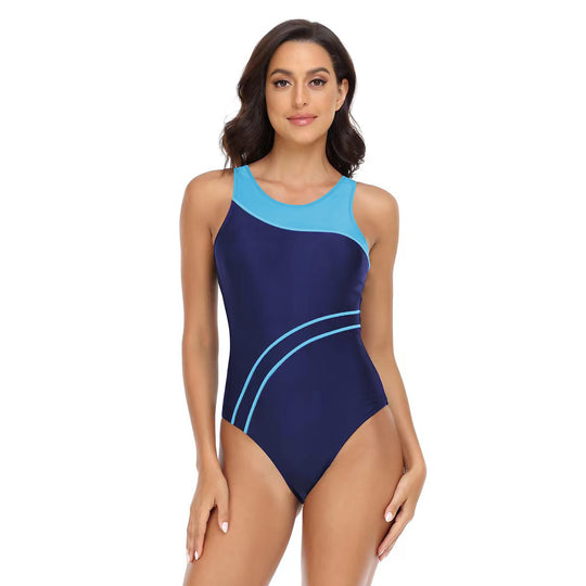 Damen Sportlicher Einteiler Badeanzug mit modischem Farbkontrast R&B
