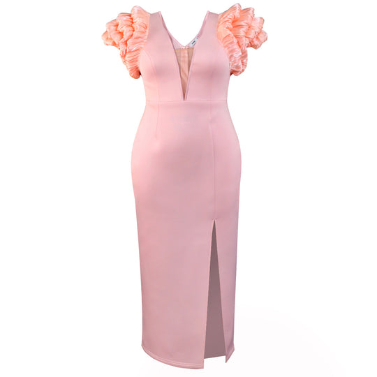 Damen Elegantes Maxikleid mit voluminösen Rüschenschultern und sexy Schlitz R&B