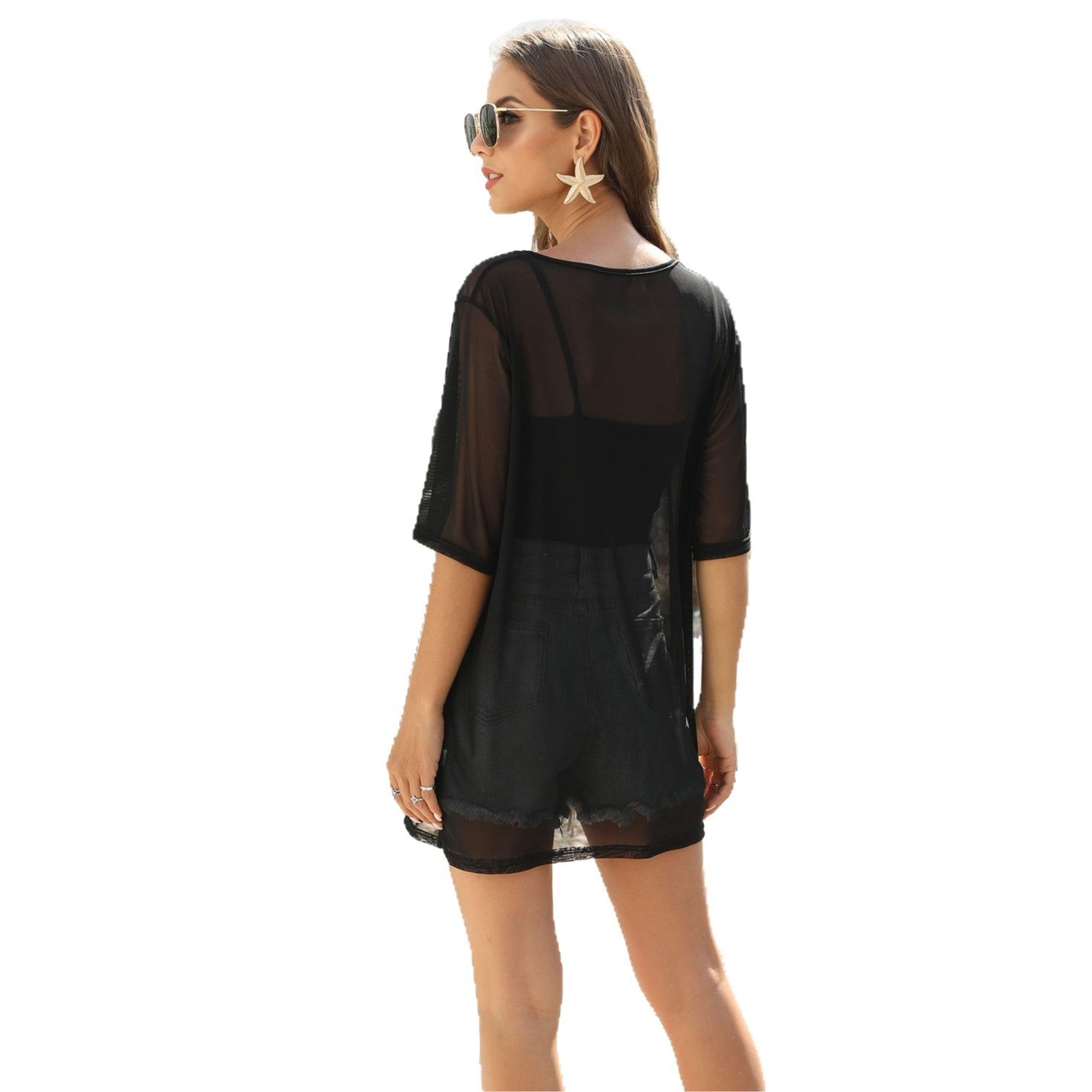 Damen luftige Strandbluse mit transparenten Ärmeln R&B