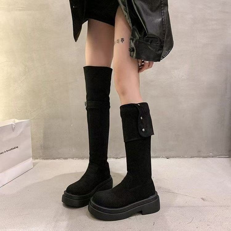 Damen Overknee-Stiefel mit modernem Riemen-Design und bequemer Plattformsohle R&B