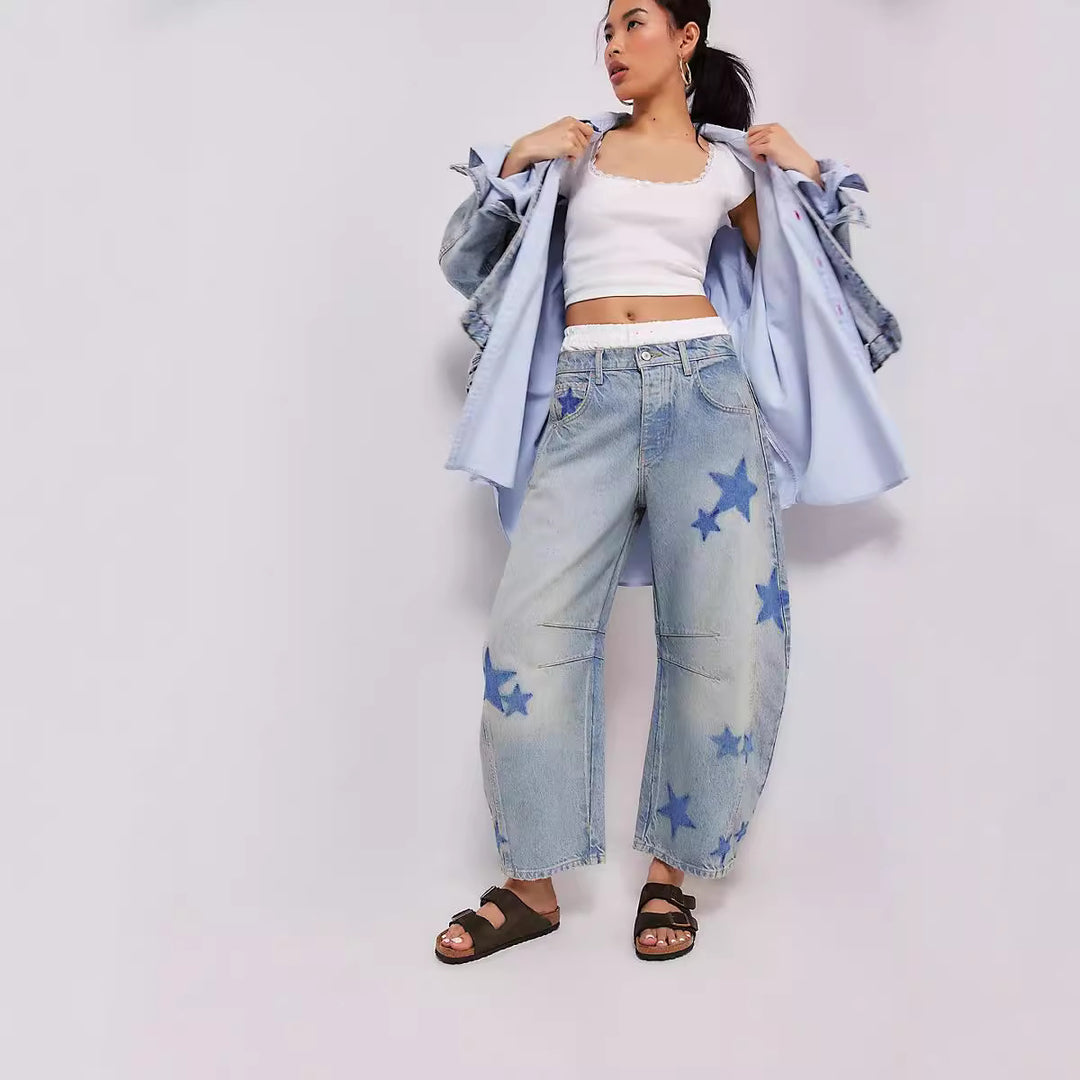 Damen weite Jeans mit Herzen-Details und entspanntem Schnitt R&B