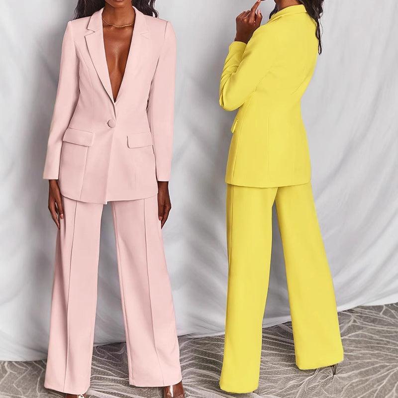 Damen nan taillierter Ein-Knopf-Blazer mit Pattentaschen und weiter Palazzo-Hose Hosenanzug R&B