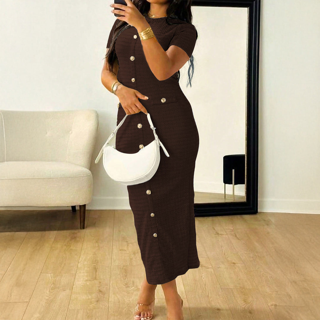 Damen Elegantes figurbetontes Maxikleid mit Knopfleiste und Taschen R&B