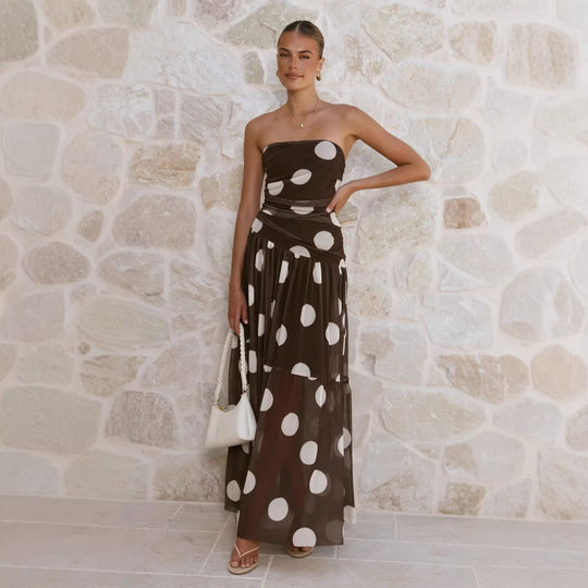 Damen Maxikleid mit schulterfreiem Schnitt und verspieltem Punktenmuster R&B