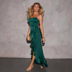 Damen Maxikleid mit asymmetrischer Rüsche und Spaghetti-Trägern R&B