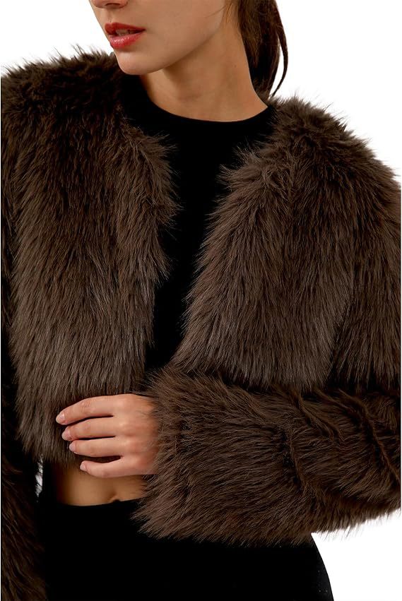 Damen Kurze glamouröse Kunstfelljacke mit lockeren Ärmeln R&B