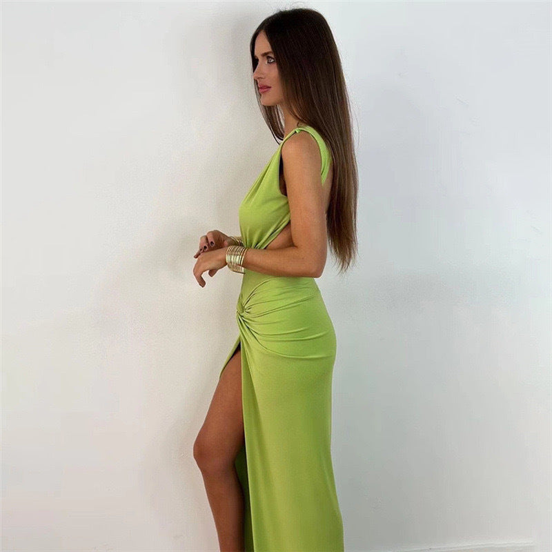 Damen Lange Maxikleid mit tiefem V-Ausschnitt und seitlicher Drapierung R&B