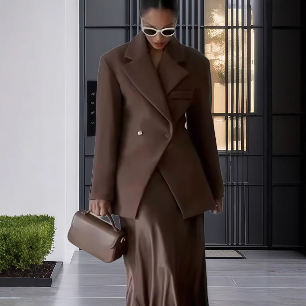 Damen Eleganter Doppelreiher-Blazer mit edlem Schnitt und hohem Kragen R&B