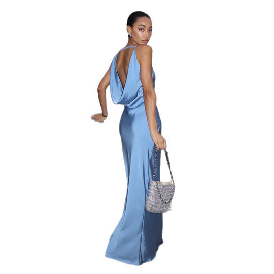 Damen Maxikleid mit schickem Wasserfallausschnitt und fließendem Satin-Stoff R&B