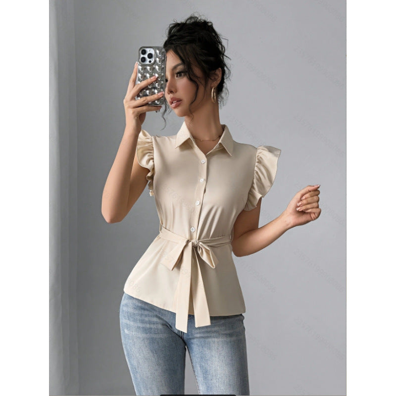 Damen Bluse mit Rüschendetails und Taillengürtel R&B