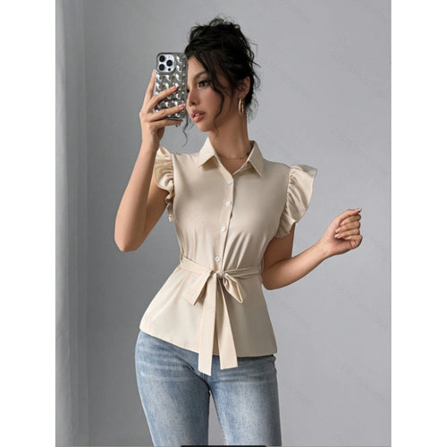 Damen Bluse mit Rüschendetails und Taillengürtel R&B