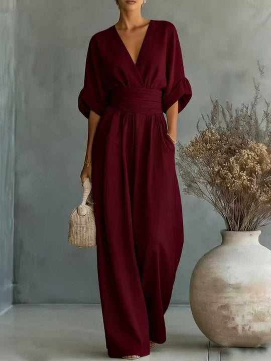Damen Jumpsuit mit elegantem V-Ausschnitt und weitem Bein R&B