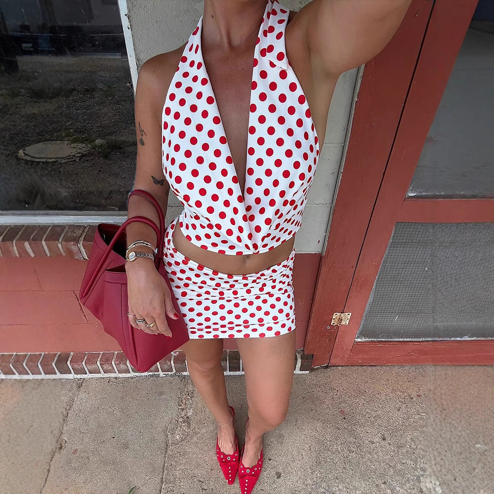 Damen Verspieltes Polka-Dot Top und Wickelrock Set R&B