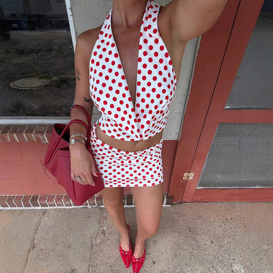 Damen Verspieltes Polka-Dot Top und Wickelrock Set R&B