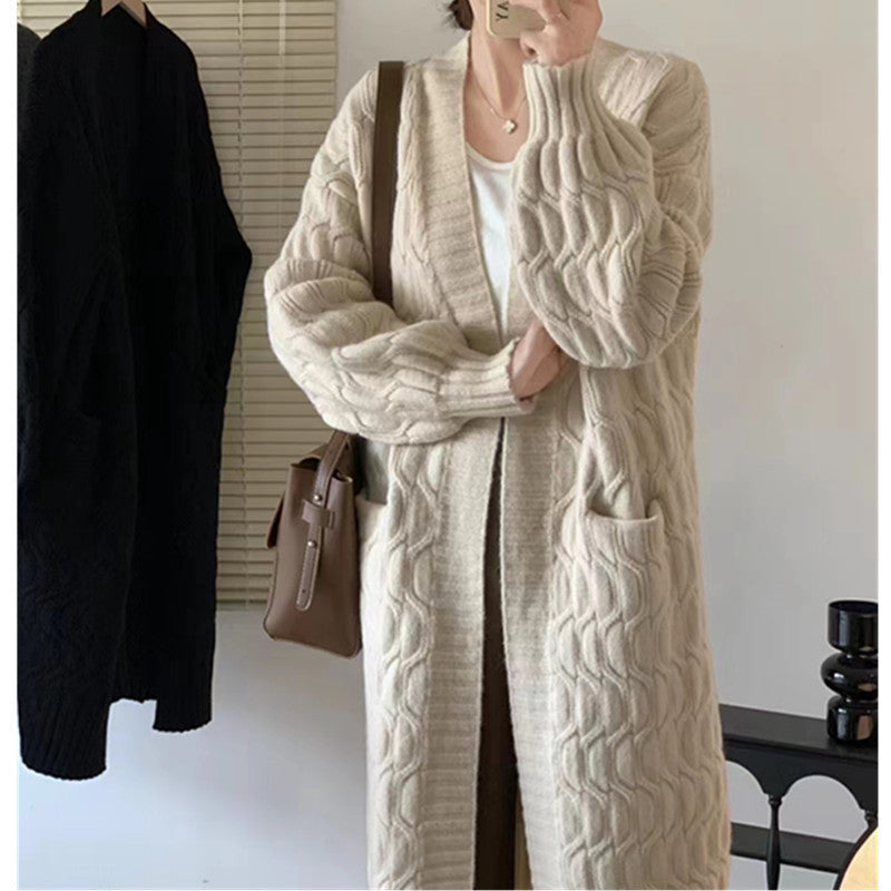 Damen Langer Strickcardigan mit voluminösen Ärmeln und praktischen Taschen