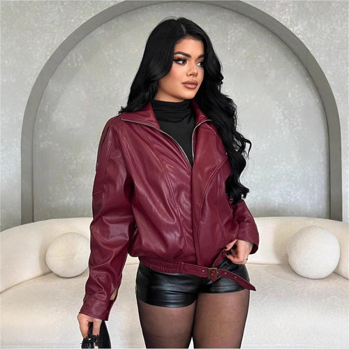 Damen Kunstlederjacke mit figurbetontem Schnitt und dekorativem Gürtel R&B