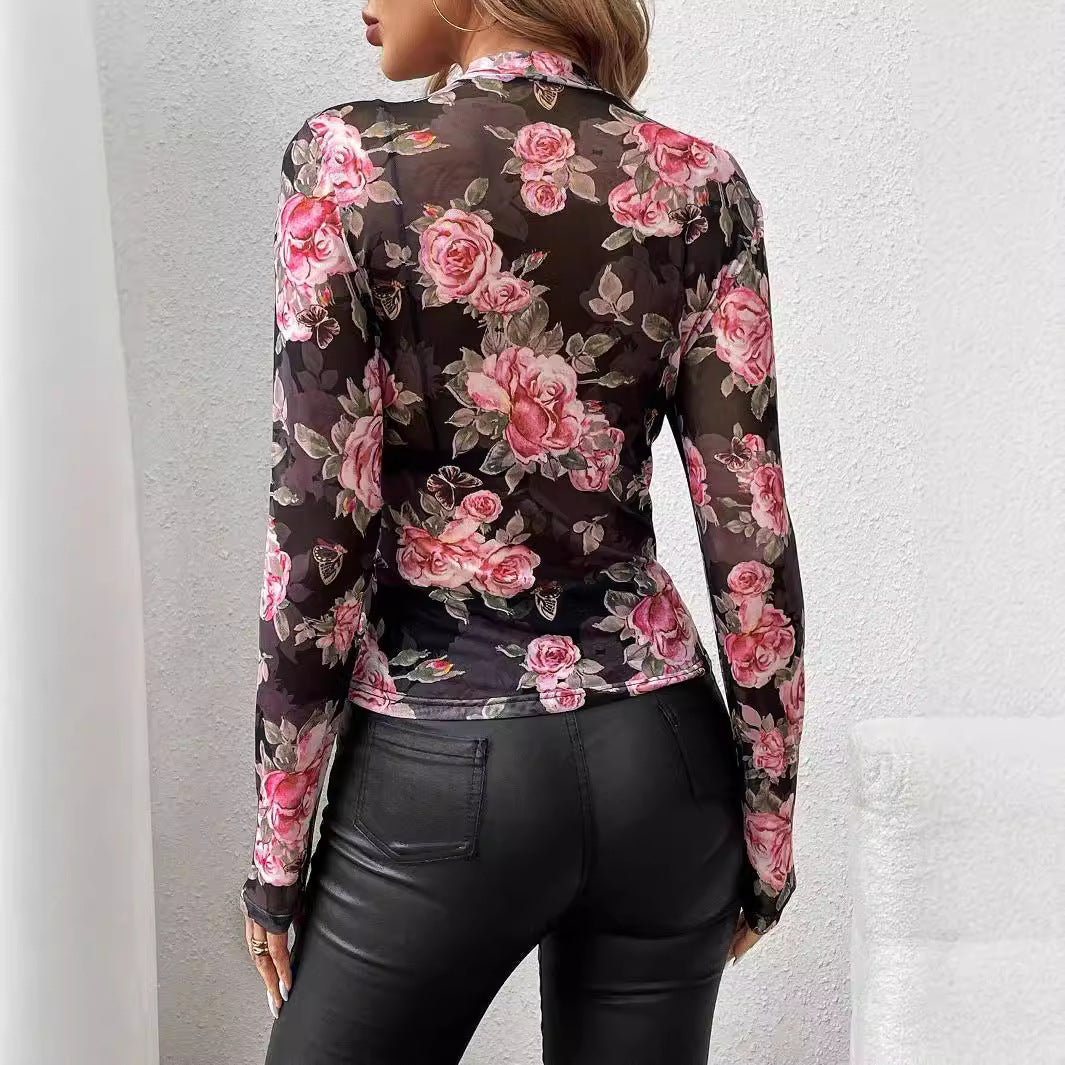 Damen Elegantes Mesh-Top mit floralen Akzenten R&B