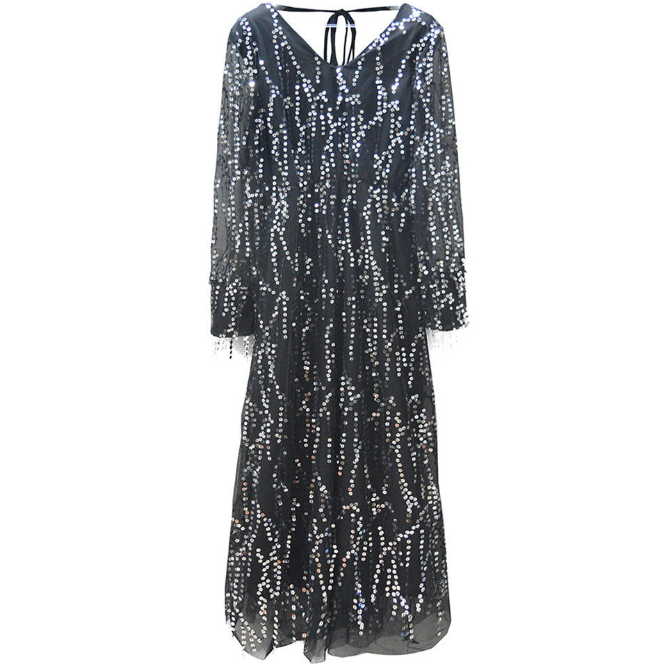 Damen Festliches Maxikleid mit funkelndem Paillettenbesatz und transparenten Ärmeln R&B
