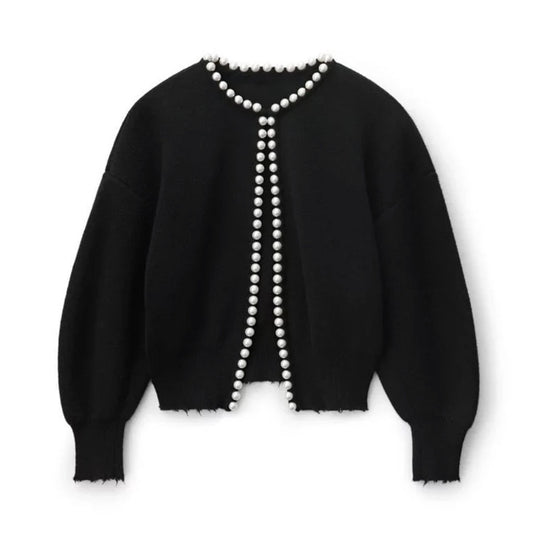 Damen Strickjacke mit auffälligem Perlenbesatz und offenem Design R&B