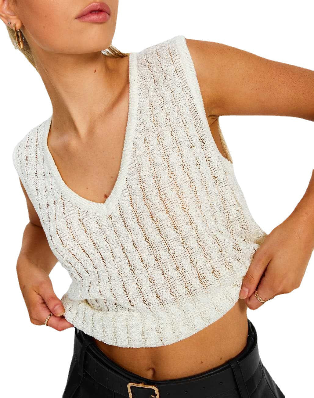 Damen luftiges Strick-Oberteil mit V-Ausschnitt und feinmaschigem Design R&B