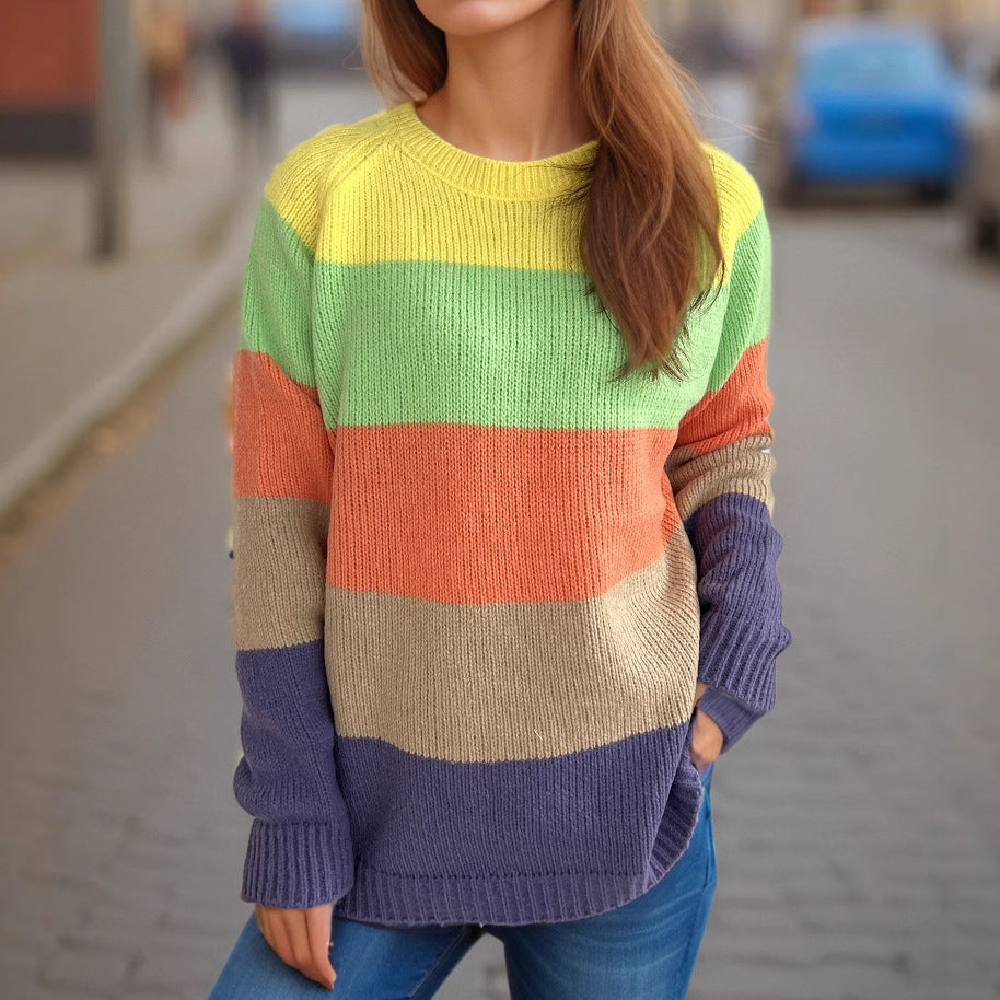Damen lässiger Strickpullover mit bunten Blockstreifen und weitem Schnitt R&B
