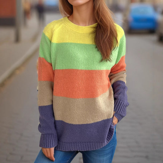 Damen lässiger Strickpullover mit bunten Blockstreifen und weitem Schnitt R&B