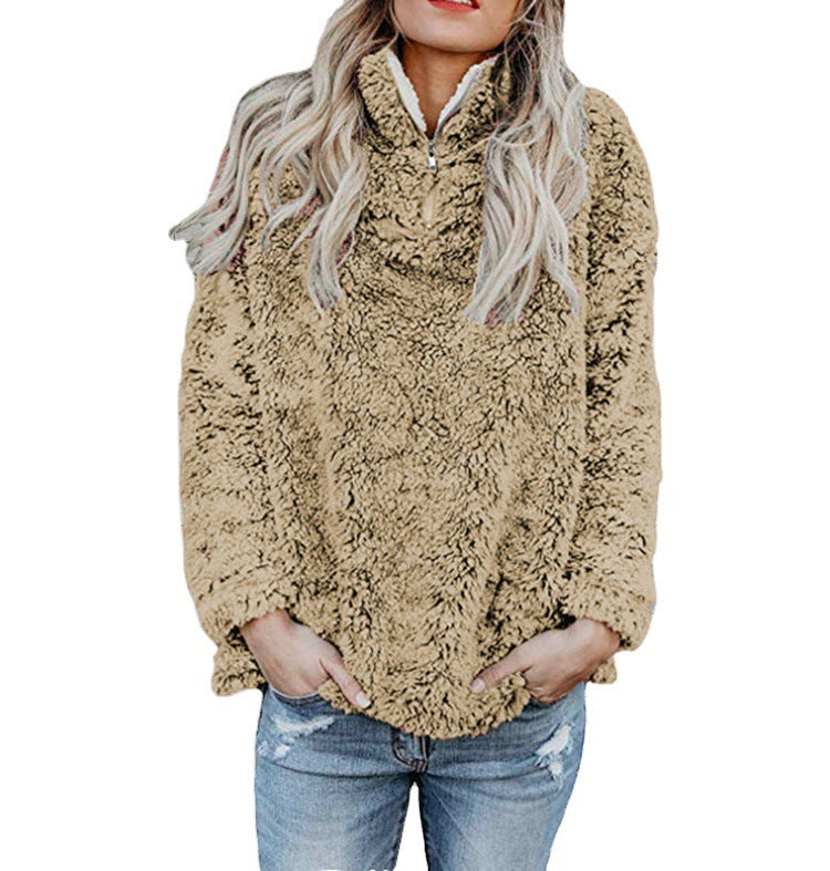 Damen Flauschige Fleece-Pulloverjacke mit hohem Kragen und Reißverschluss R&B