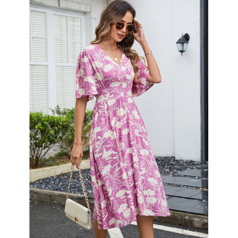 Damen Sommerliches Midikleid mit verspielten Rüschendetails und V-Ausschnitt R&B