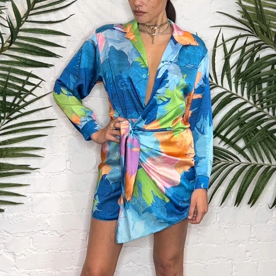 Damen Hemdblusenkleid im innovativen Wickeldesign mit buntem Floral-Muster R&B
