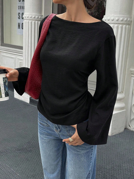 Damen elegantes Oberteil mit weitem Ärmel und schickem Bund R&B