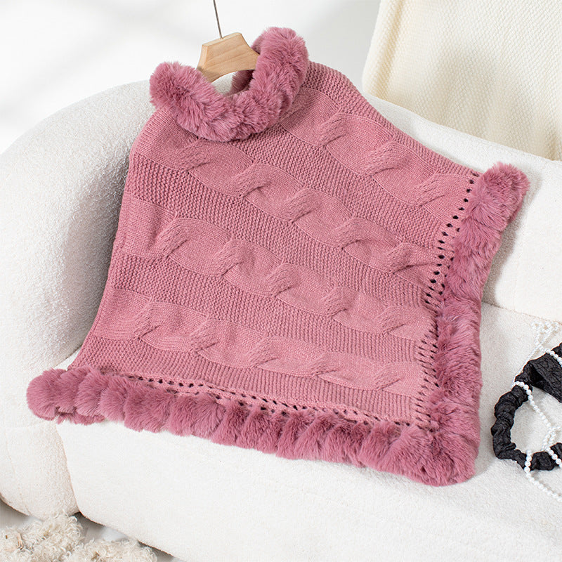 Damen kuschelige Strick-Poncho mit weichem Kunstfellbesatz und Zopfmuster R&B