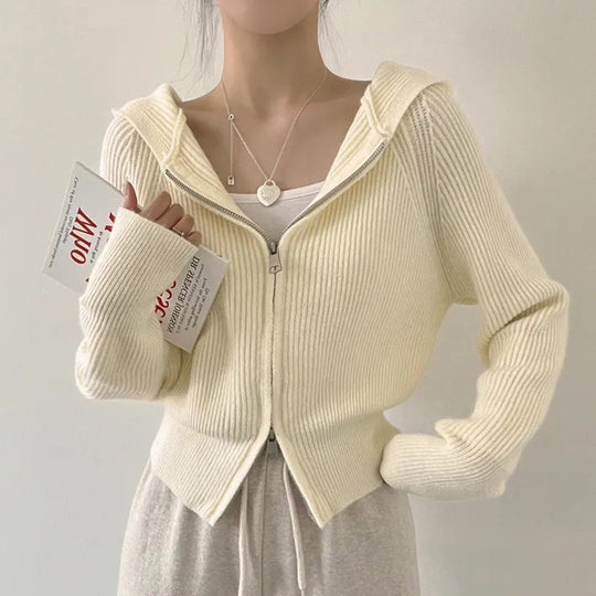 Damen lässige Strickjacke mit Kapuze und Reißverschluss R&B