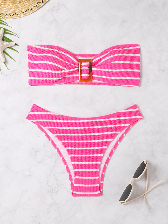 Damen Bandeau-Bikini mit modischem Streifenmuster und dekorativer Schnalle R&B