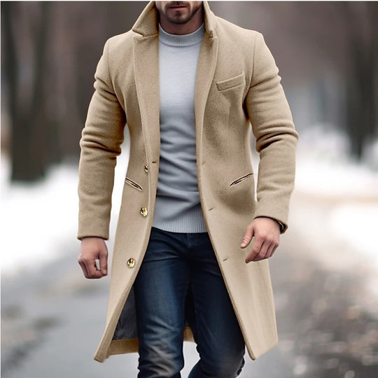 Herren eleganter Wollmantel mit schmalem Schnitt und goldenen Knöpfen R&B