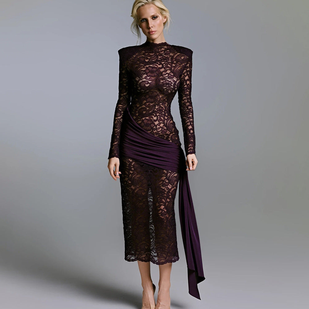 Damen Elegantes langärmliges Spitzenkleid mit seitlichem Raffungseffekt R&B