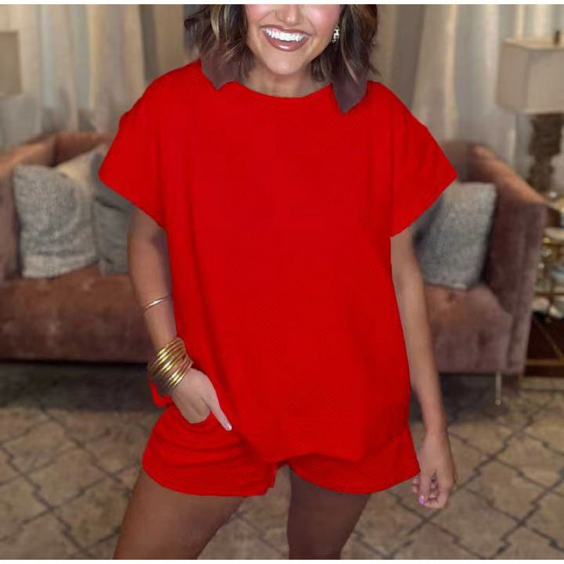 Damen gemütliches Freizeit-Set mit strukturiertem Oberteil und Shorts R&B