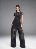 Damen Latzhose Jeans Damen mit weitem Bein und Rissdetails