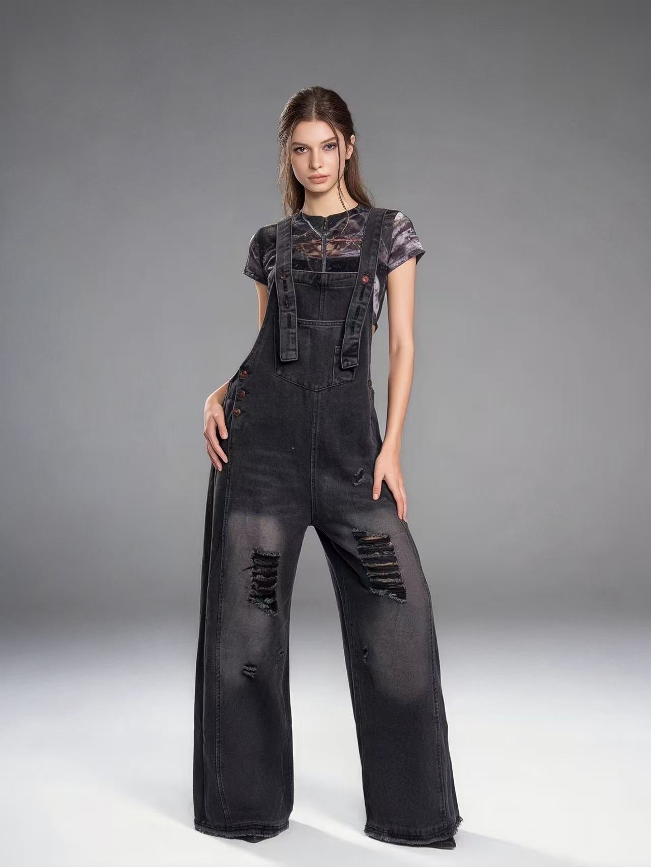Damen Latzhose Jeans Damen mit weitem Bein und Rissdetails