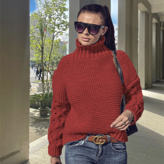 Damen Grobstrickpullover mit hohem Kragen und strukturiertem Armdesign R&B