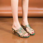 Damen Offene Mules mit verzierenden Blumen und komfortablem Blockabsatz R&B