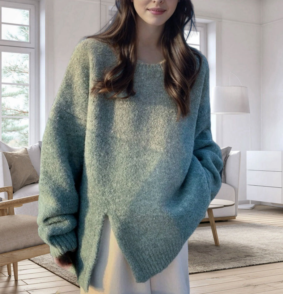Damen Oversized Strickpullover mit elegantem V-Ausschnitt und seitlichen Schlitzen R&B