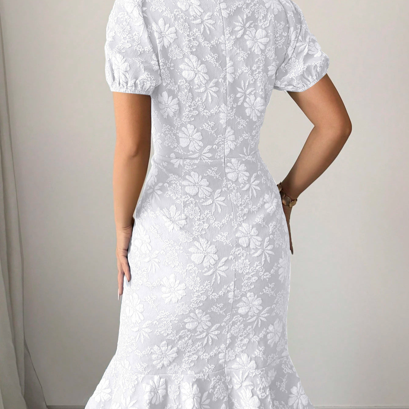Damen Midi-Kleid mit floralen Applikationen und voluminösen Ärmeln R&B