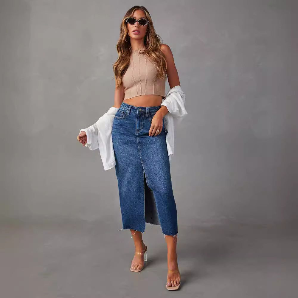 Damen Hoch geschnittene Denim-Midirock mit seitlichem Schlitz und fransigen Säumen R&B