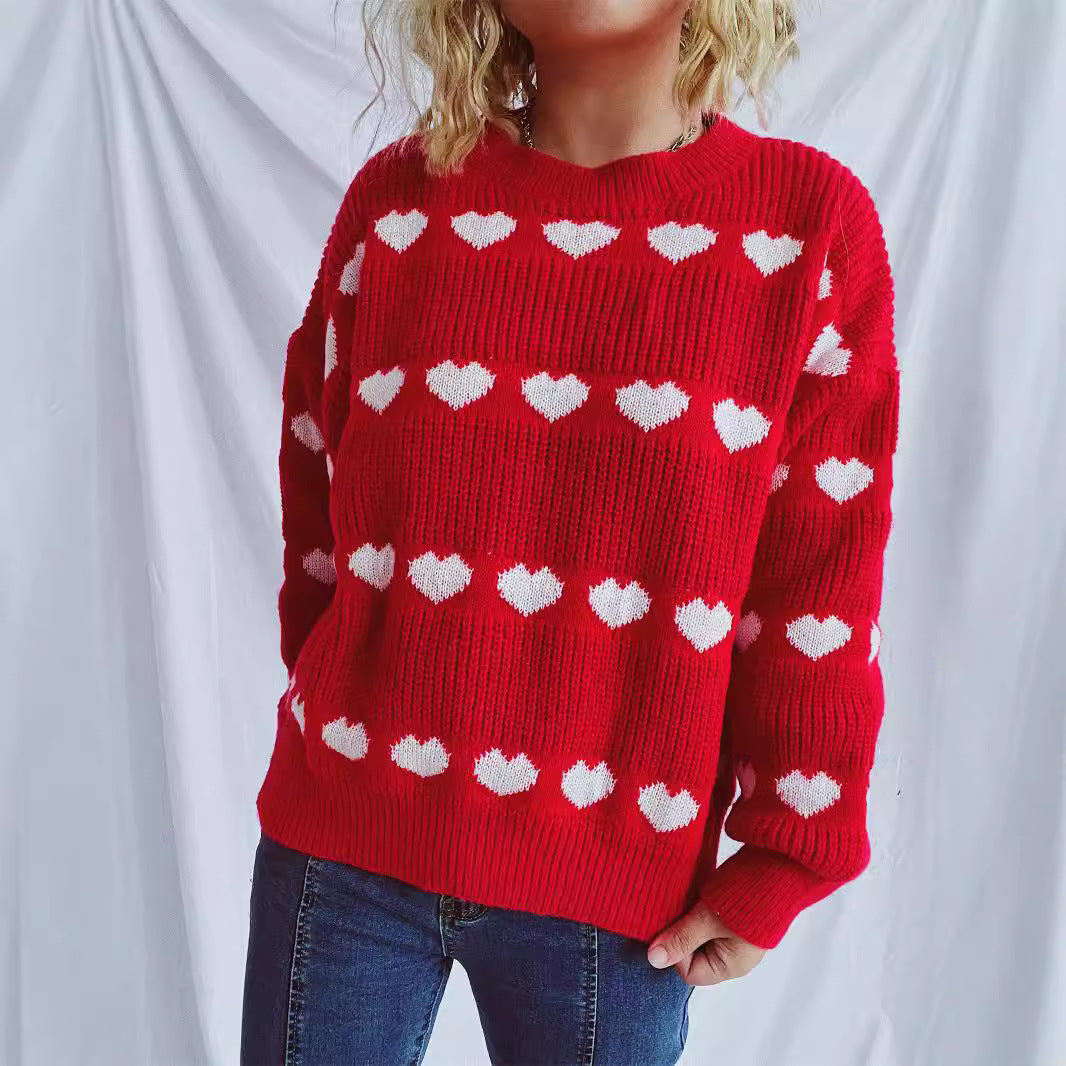 Damen gemütlicher Herzmuster-Strickpullover mit weiten Ärmeln R&B