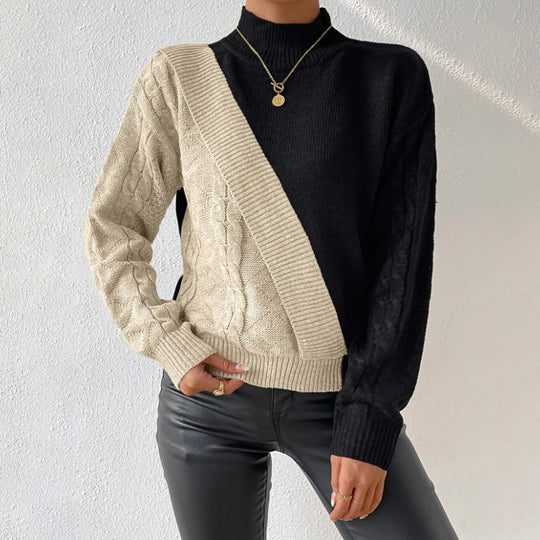 Damen modischer Strickpullover mit asymmetrischem Zopfdesign und hohen Kragen R&B