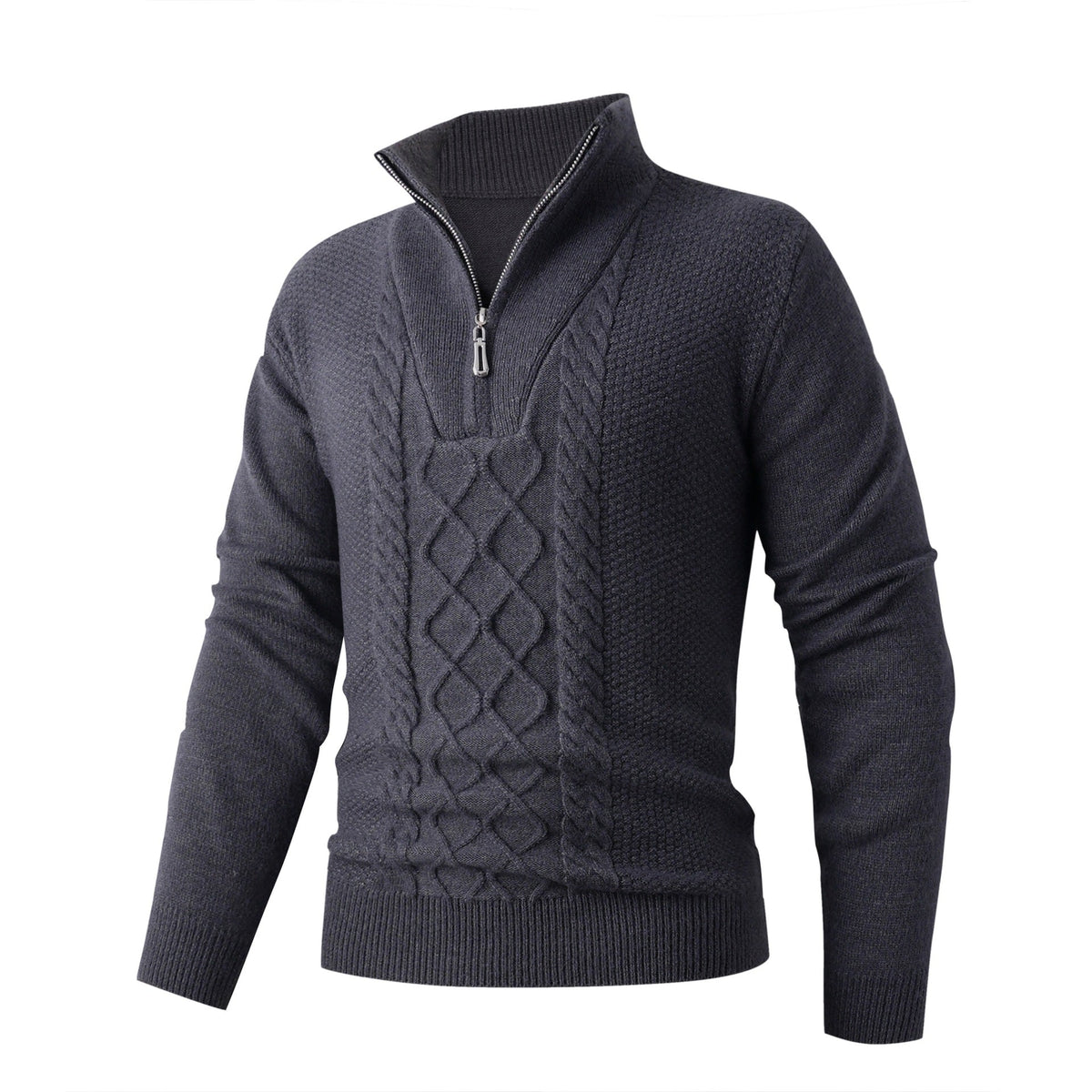 Herren Grobstrickpullover mit modernem Stehkragen und funktionalem Reißverschluss R&B