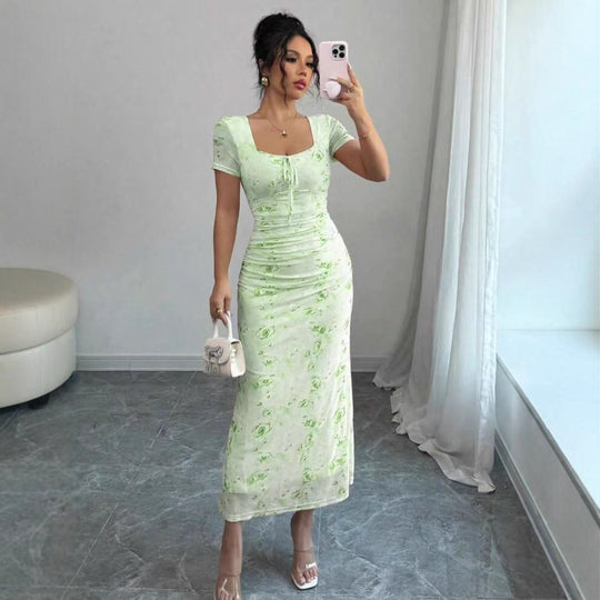 Damen Midi-Kleid mit raffinierten Falten und floralem Muster R&B