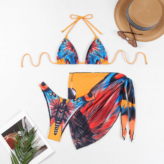 Damen Triangel-Bikini-Set mit aufregendem Schmetterlingsdruck und passendem Pareo R&B